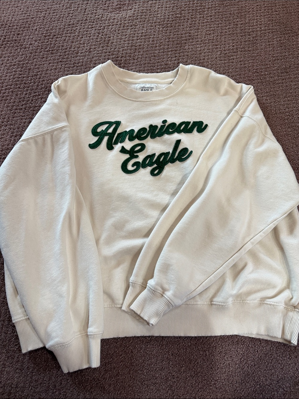 American Eagle Outfitters Cream Crewneck with Green Script Logo